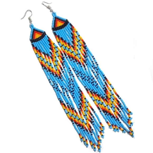 Long 6" Turquoise Blue Black Beaded Fringe Dangle Earrings Bohemian Style New - Picture 4 of 4